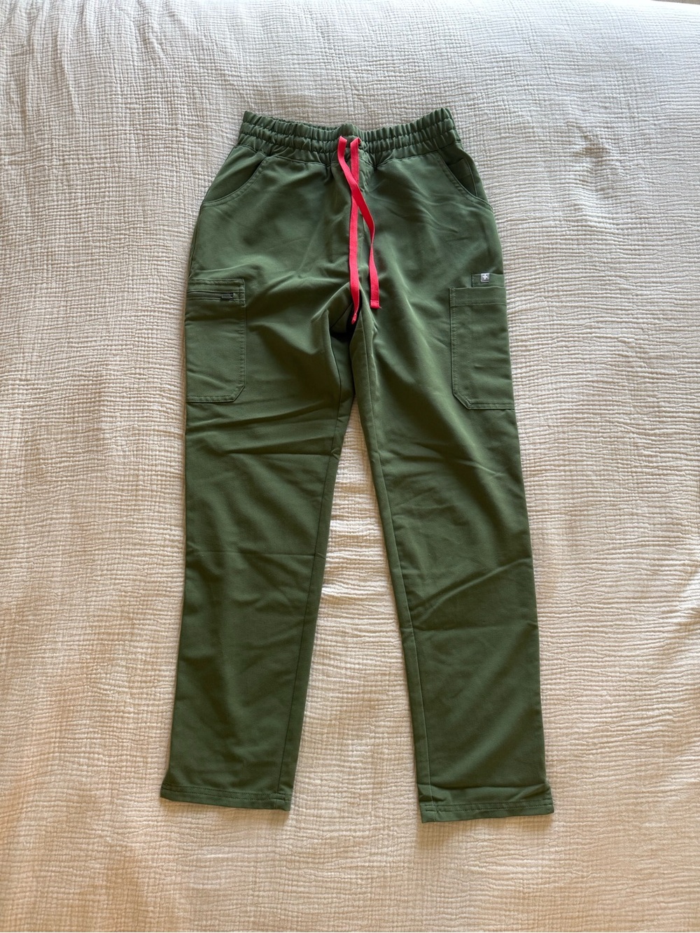 Figs Olive Green Drawstring Cargo Straight Leg Scrub Pants